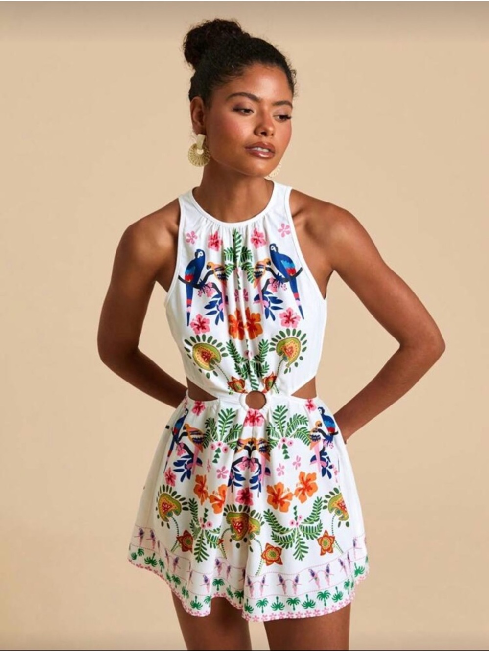 White Embroidered Tropical Cutout Mini Dress